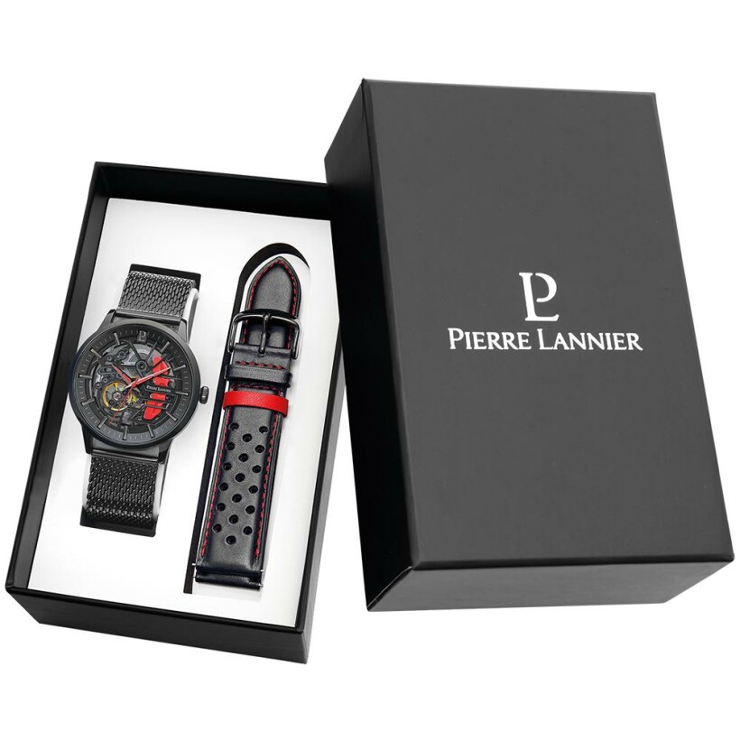 Coffret de montre Pierre Lannier Paddock et bracelet en acier pvd noir 385C439
