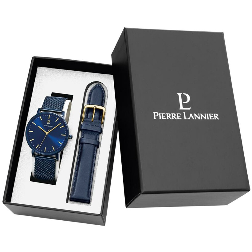 Coffret de montre Pierre Lannier Essential et bracelet en cuir bleu 388C466