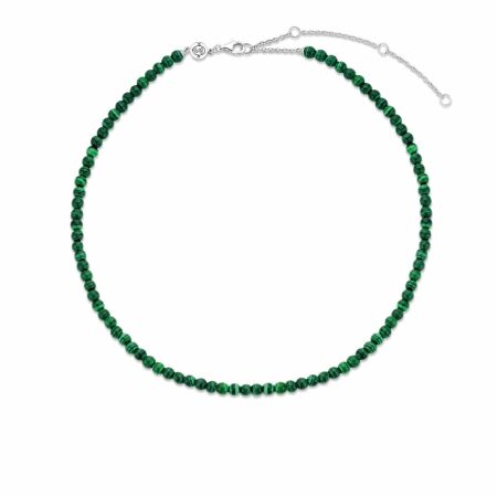 Collier Ti Sento en argent rhodié, boules vertes malachite, 42cm