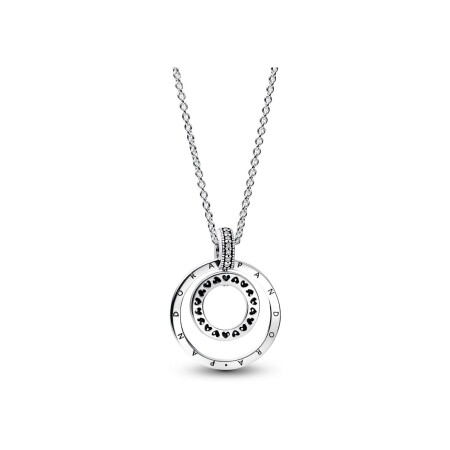 Collier Pandora Signature Pendentif, Pavé & Motifs Perlés en argent, 50cm