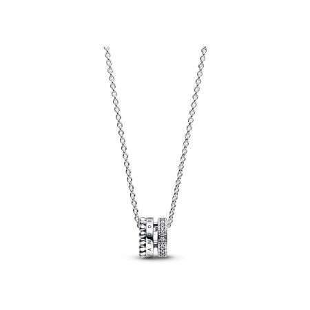 Collier Pandora Signature Pendentif, Pavé & Motifs Perlés en argent, 45cm