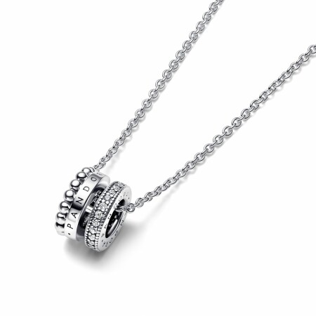 Collier Pandora Signature Pendentif, Pavé & Motifs Perlés en argent, 45cm