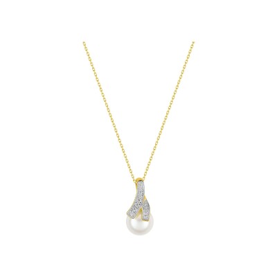 Collier en or jaune, oxyde de zirconium et perle de culture