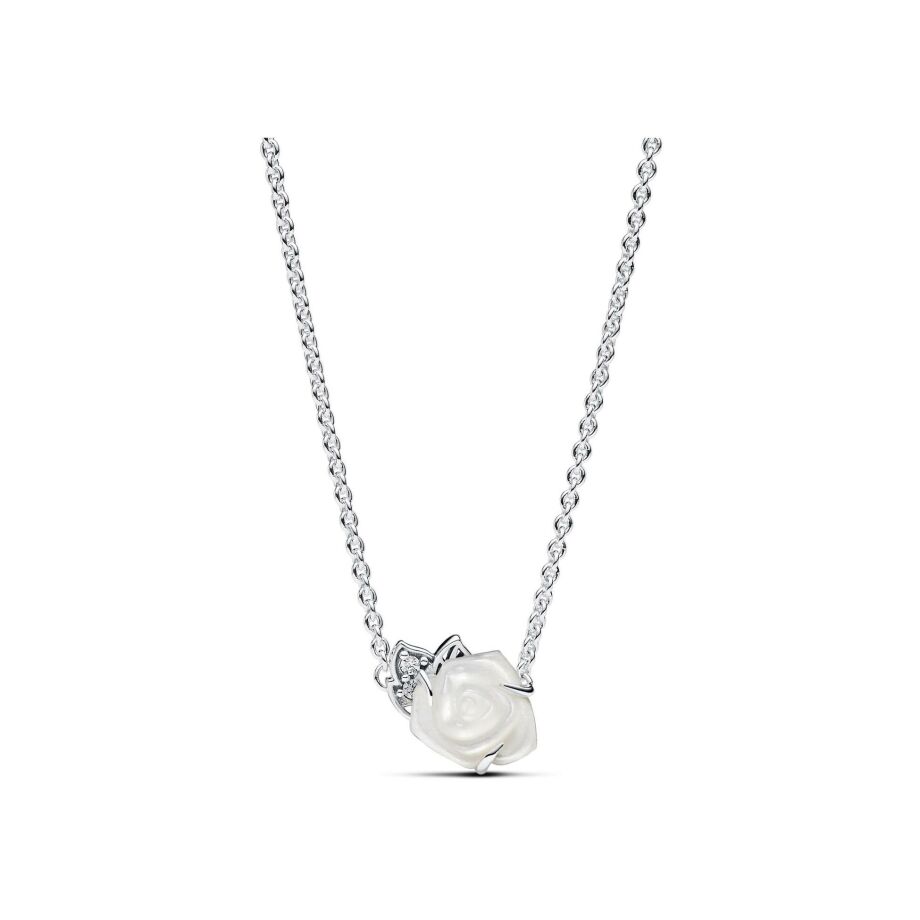 Collier Pandora Moments Rose Blanche en argent, oxydes de zirconium et nacre, 45cm