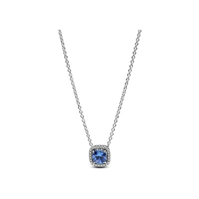 Collier Pandora Timeless Halo Bleu Carré Scintillant en argent et oxydes de zirconium