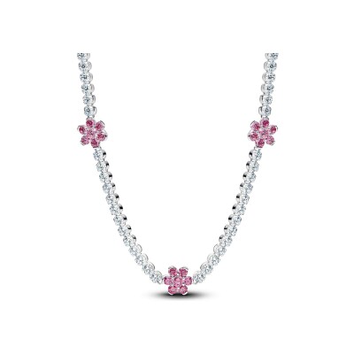 Collier Pandora Timeless Rivière Fleurs Roses en argent et oxydes de zirconium, 40 cm