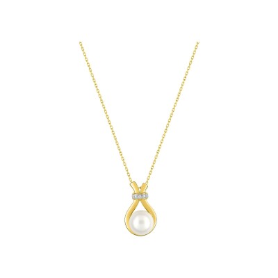 Collier en or jaune, oxyde de zirconium et perle de culture