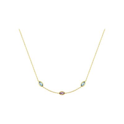 Collier en or jaune, topaze bleue et améthyste