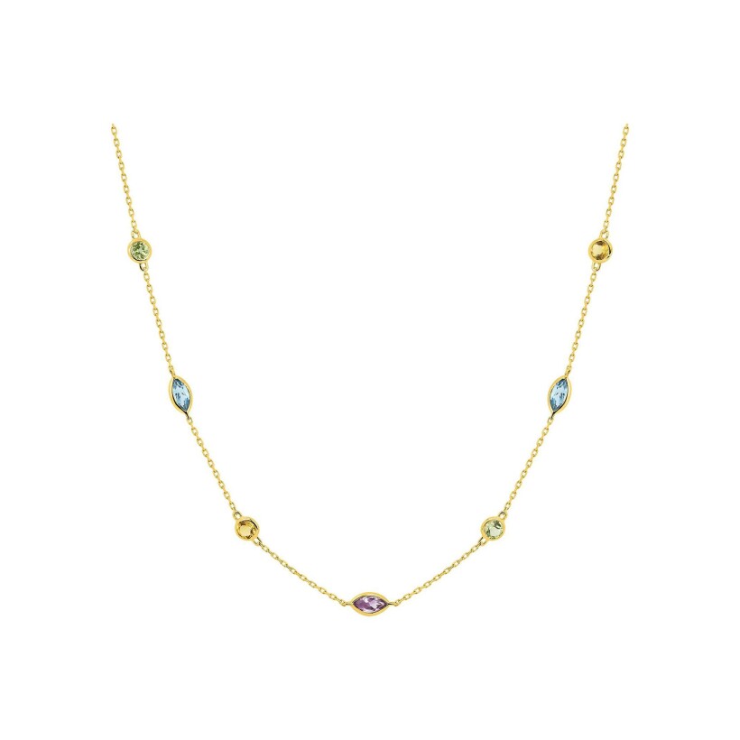 Collier en or jaune, améthyste, citrine, péridot et topaze bleue