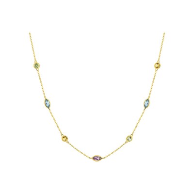 Collier en or jaune, améthyste, citrine, péridot et topaze bleue