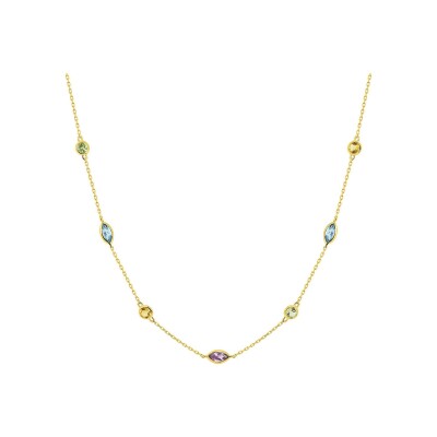 Collier en or jaune, topaze bleue, péridot et améthyste et citrine