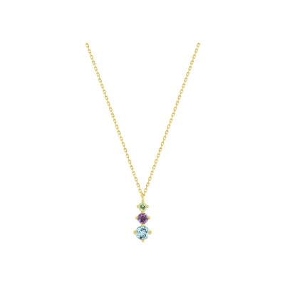 Collier en or jaune, topaze bleue, améthyste et péridot