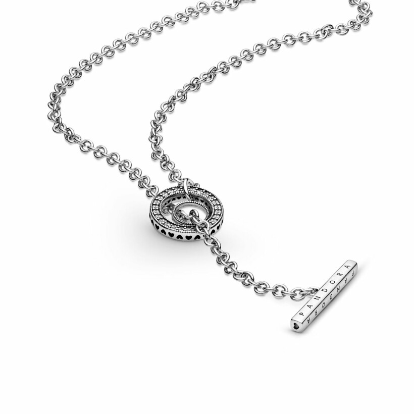 Collier Pandora Signature cœur barre en t logo cercle pavé en argent et oxyde de zirconium, 80cm