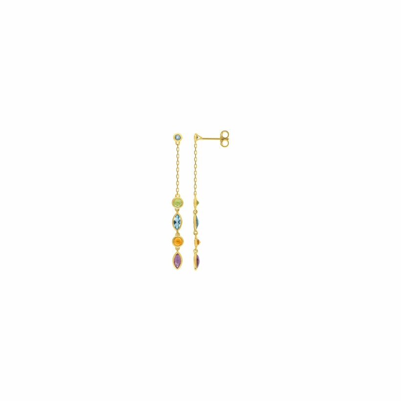 Boucles d'oreilles pendantes en or jaune, améthystes, topazes, citrines et peridots