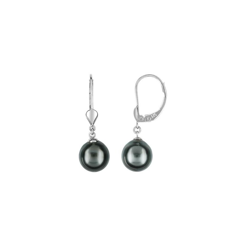 Boucles d'oreilles dormeuses en or blanc et perles de tahiti, 8mm