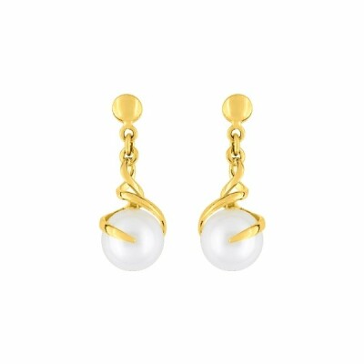 Boucles d'oreilles pendantes en or jaune et perles