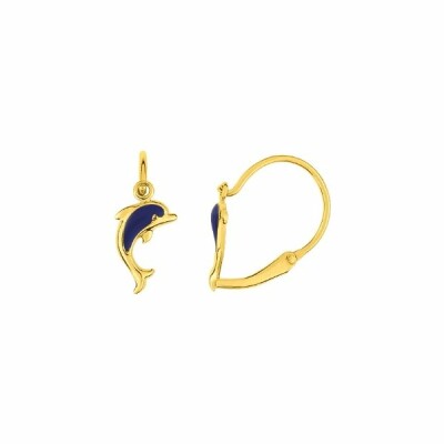 Boucles d'oreilles dauphins en or jaune et laque bleue