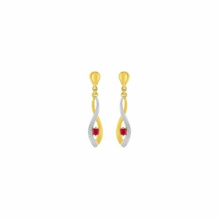 Boucles d'oreilles pendantes en or jaune, or blanc et rubis