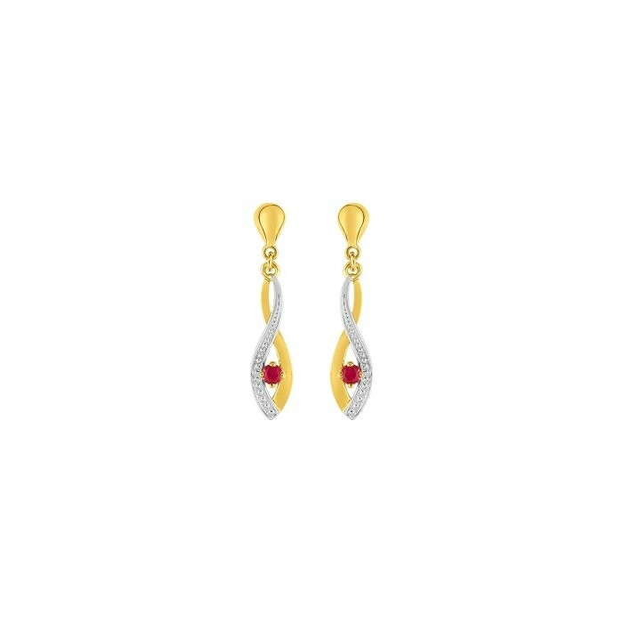 Boucles d'oreilles pendantes en or jaune, or blanc et rubis
