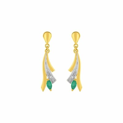 Boucles d'oreilles en or jaune, or blanc, émeraudes et diamants de 0.008ct