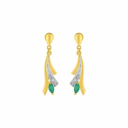 Boucles d'oreilles en or jaune, or blanc, émeraudes et diamants de 0.008ct