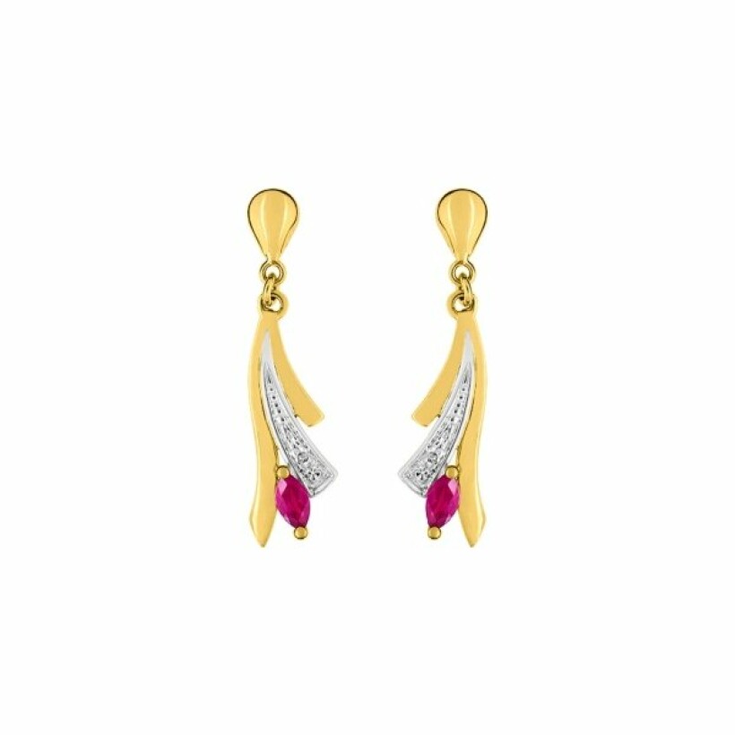 Boucles d'oreilles pendantes en or jaune, or blanc, rubis et diamants