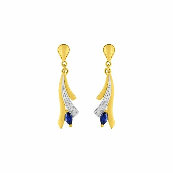 Boucles d'oreilles pendantes en or jaune, rhodium, saphirs et diamants 0.008ct