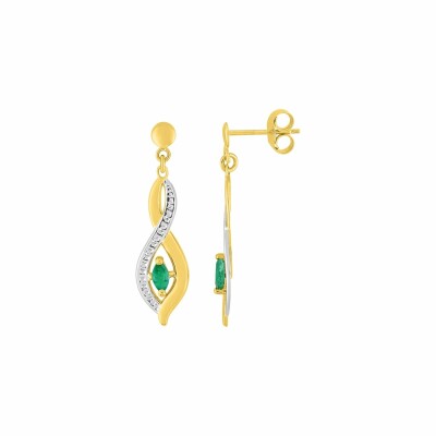 Boucles d'oreilles pendantes en or jaune, or blanc et émeraudes et oxydes de zirconium