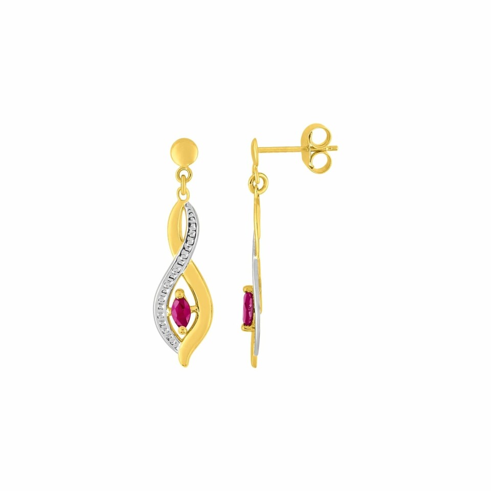 Boucles d'oreilles pendantes en or jaune, or blanc et rubis