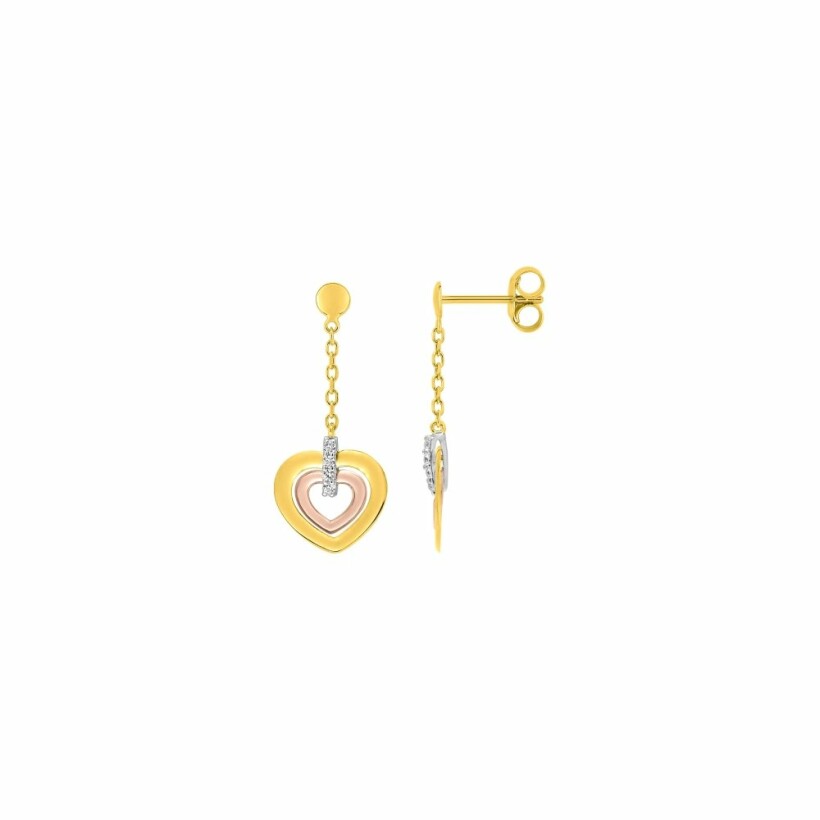 Boucles d'oreilles en or rose, or jaune, or blanc et oxydes de zirconium