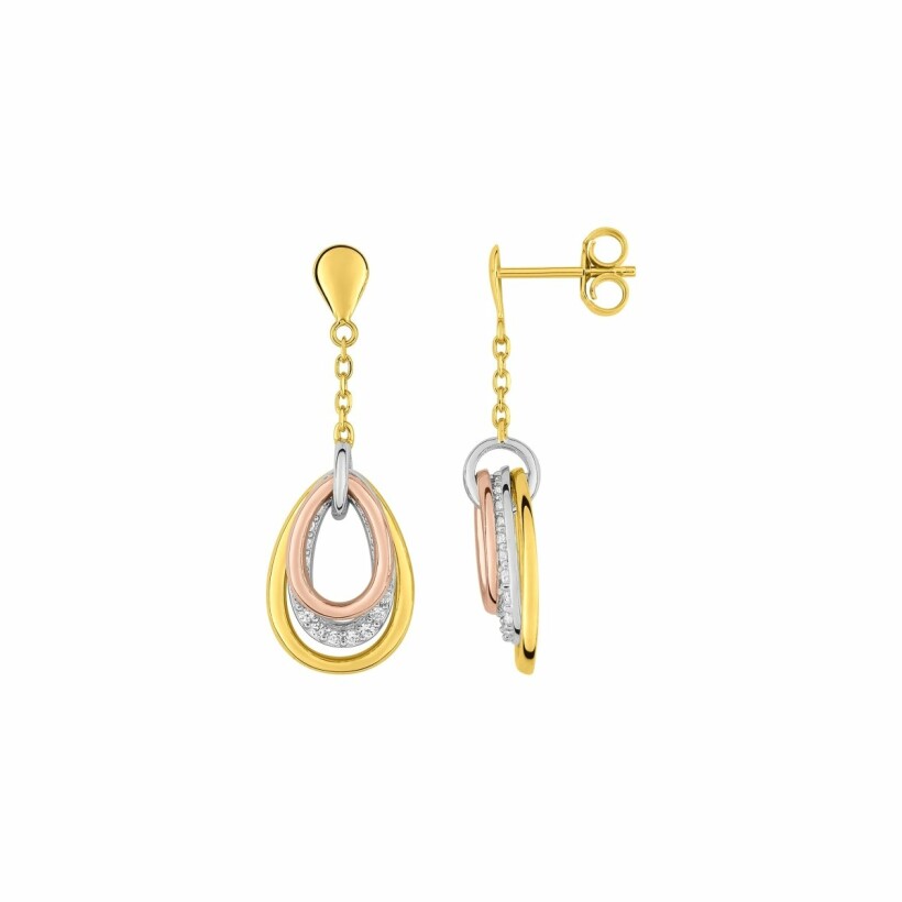 Boucles d'oreilles pendantes en or jaune, or blanc, or rose et oxydes de zirconium