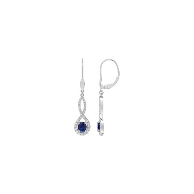 Boucles d'oreilles dormeuses en or blanc, saphirs et oxydes de zirconium