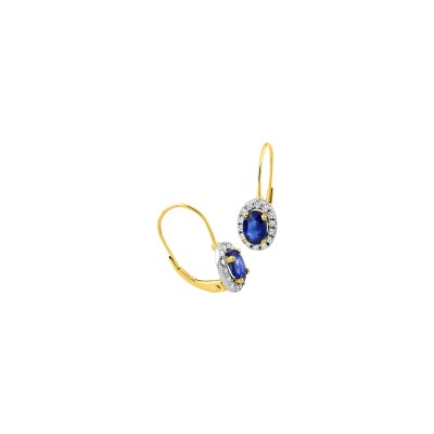 Boucles d'oreilles dormeuses en or jaune, or blanc, saphirs et oxydes de zirconium