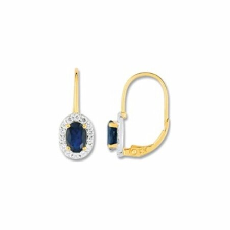 Boucles d'oreilles dormeuses en or jaune, or blanc, saphirs et oxydes de zirconium