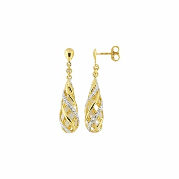 Boucles d'oreilles pendantes en or jaune, or blanc et diamants de 0.006ct