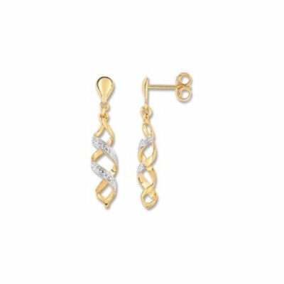 Boucles d'oreilles pendantes en or jaune, or blanc et diamants de 0.014ct