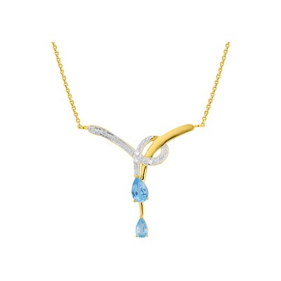 Collier en or jaune, topaze bleue et diamant 0.03ct, taille 42cm