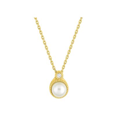 Collier en or jaune, perle de culture et diamant 0.02ct