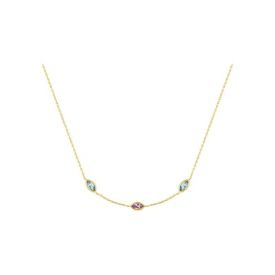 Collier en or jaune, améthyste et topaze bleue