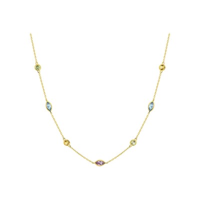 Collier en or jaune, améthyste, péridot et citrine et topaze bleue