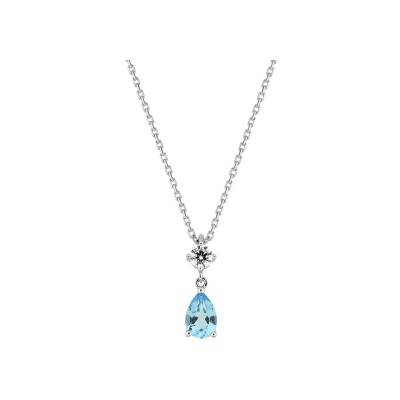 Collier en or blanc, topaze bleue et oxyde de zirconium