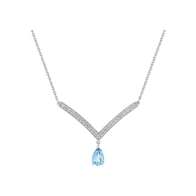 Collier en or blanc, topaze bleue et oxyde de zirconium