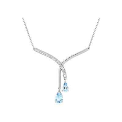 Collier en or blanc, topaze bleue et oxyde de zirconium