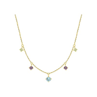 Collier en or jaune, topaze bleue, améthyste et péridot