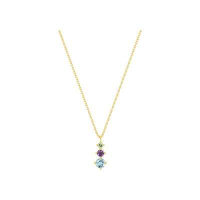 Collier en or jaune, topaze bleue, améthyste et péridot