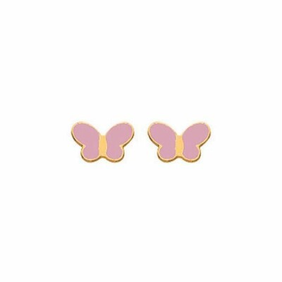 Boucles d'oreilles papillon rose en or jaune 750 millièmes