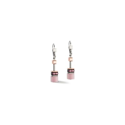 Boucles d'oreilles Cœur de Lion GeoCUBE en métal doré rose, acier, œil de tigre, cristaux et strass