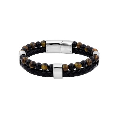 Bracelet en matière synthétique, acier, œil de tigre et agate