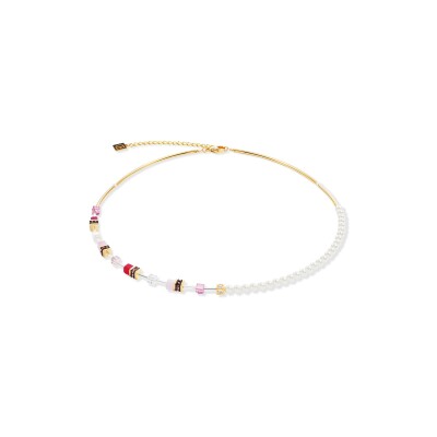 Collier Coeur de Lion GeoCUBE Mini Fusion Pearls en acier doré, perles de cristal, cristaux Swarovski et oeil de tigre, polaris et strass