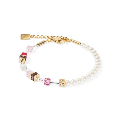 Bracelet Coeur de Lion GeoCUBE Mini Fusion Pearls en acier doré, perles de cristal, cristaux Swarovski et oeil de tigre, polaris et strass